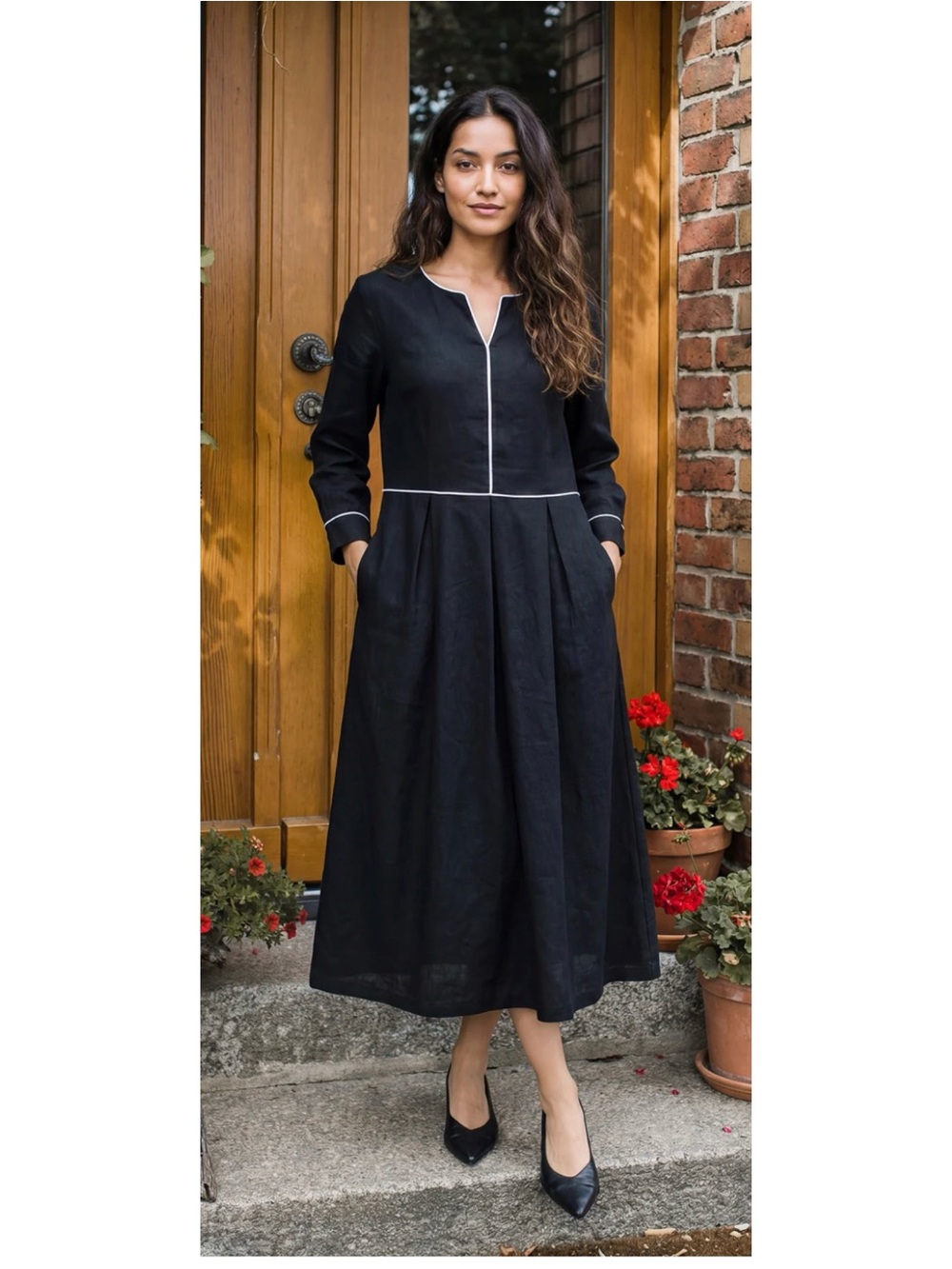 Lintico Linen-Lyocell Contrast Trim Gathered Midi Dress in Black Size L ~ NWOT